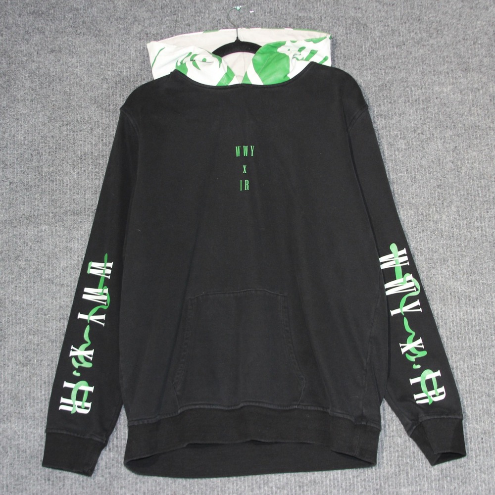 WordlWideYouth Black Hoodie Mens L Green Trim Rabbit Umbrella Graphic Pullover‎